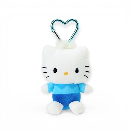 Heart clasp keychain with white plush cat in blue outfit and teal heart clasp