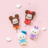 Five small plush animal charms: brown mouse, red-dressed bear, blue dog, purple cat, snowman.
