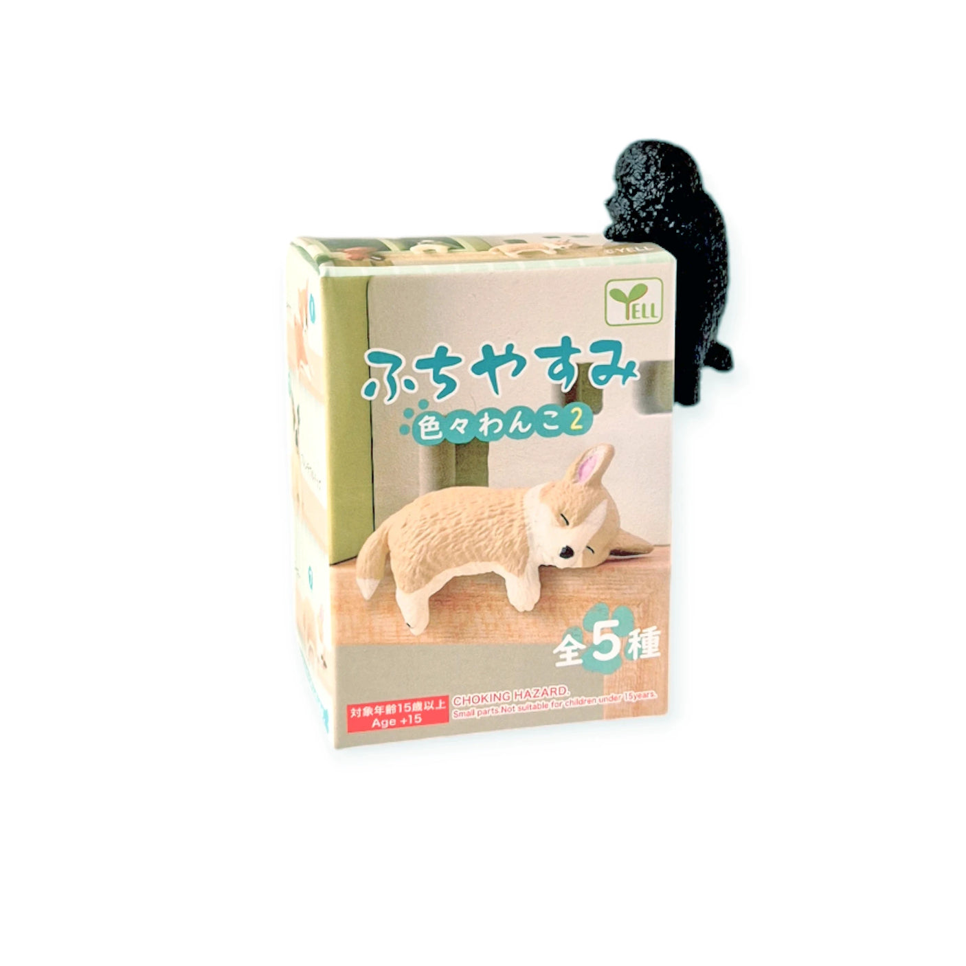 Box from Yell's Resting Dogs Blind Box - Vol. 2 series showcasing a sleeping dog illustration on the front. A small black figure sits atop the box. The box features text in Japanese and English, prompting collectors to gather all five breeds in this collection. Ideal for fans of Doggy Desk Buddies!