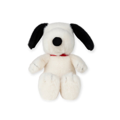 Front view of 17cm Snoopy Eco Fluffy Cream Plush with black ears and red collar on white background