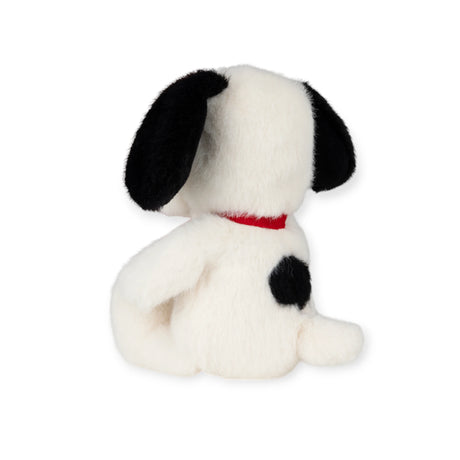 Rear view of 17cm Snoopy Eco Fluffy Cream Plush showing black ears, red collar, and black spot on white fur