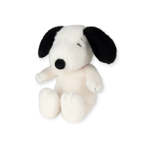 Side view of 17cm Snoopy Eco Fluffy Cream Plush with soft black ears and nose on white background