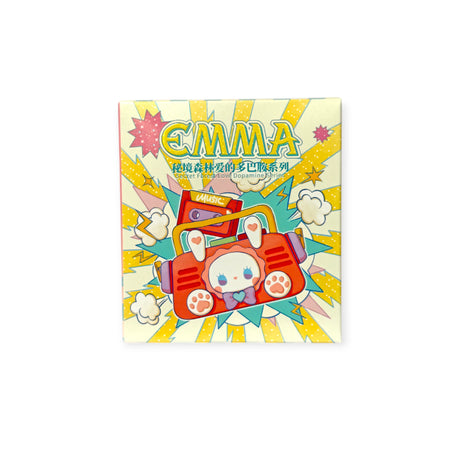 Colorful Emma Secret Forest Love Dopamine blind box featuring a bunny-themed boombox with heart and paw details on vibrant background