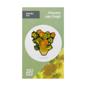 Enamel pin featuring Vincent van Gogh Sunflowers with vibrant yellow blooms on green backing card, gallery image 1