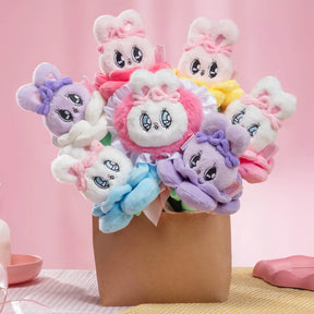 Pastel plush bunny flower blind box set with ruffled faces and fuzzy green stems