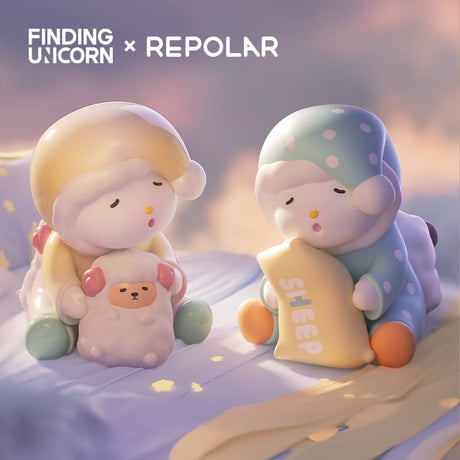 Two Finding Unicorn REPOLAR Day Dreams figures in pastel nightwear holding plush toys on soft glowing quilt background