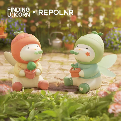 Two Finding Unicorn REPOLAR Day Dreams figures dressed as winged plants holding potted saplings in garden setting