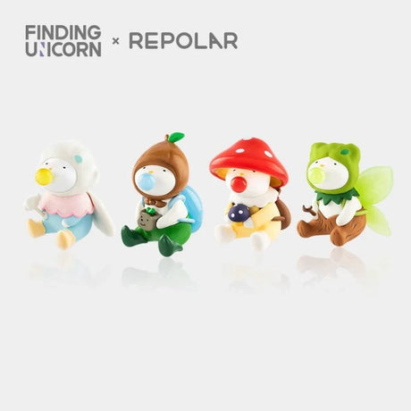 Four colorful Finding Unicorn REPOLAR Magical Garden collectible figures with nature-inspired costumes on white background
