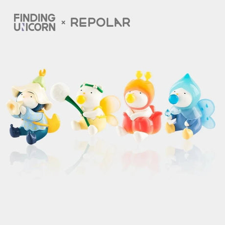Four whimsical Finding Unicorn REPOLAR Magical Garden collectible figures with floral and insect-inspired designs on white background