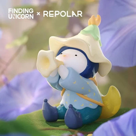 Small Finding Unicorn REPOLAR Magical Garden figure playing a horn wearing a flower-shaped hat outdoors