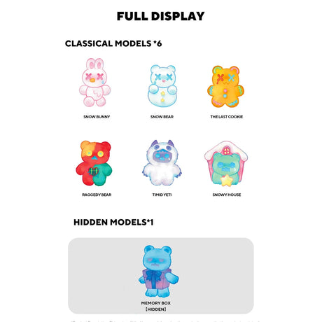 Set of six colorful Finding Unicorn Shinwoo Cold Hugs plush models with one hidden Memory Box figure on white background