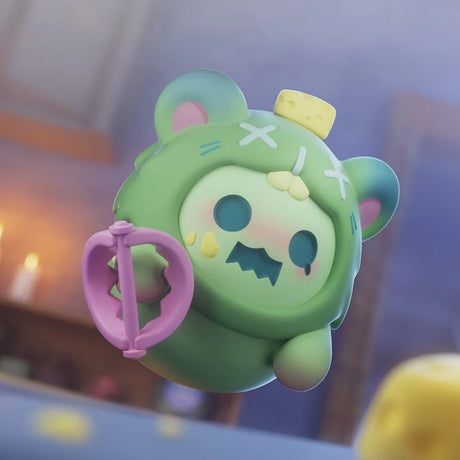 Green ShinWoo Ghost Bear figure with bear hood and purple claw weapon in softly lit room background