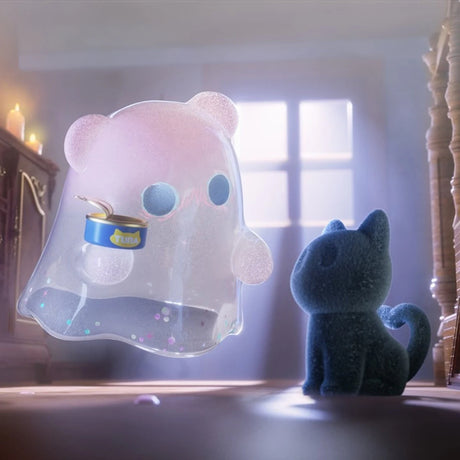 Translucent ghost bear figure holding open tuna can facing small dark cat figure in softly lit room with window light
