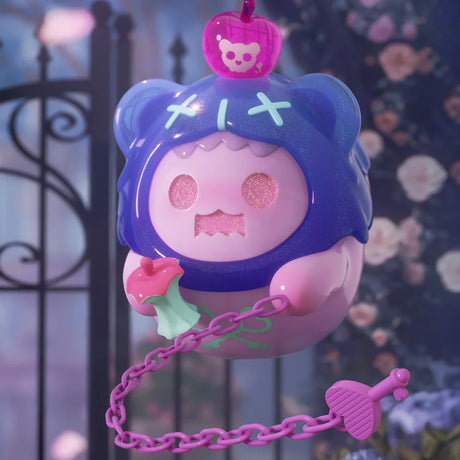 Glossy purple ShinWoo Secret Bear figure with apple hat holding chain and flower in dreamy garden with wrought iron gate background