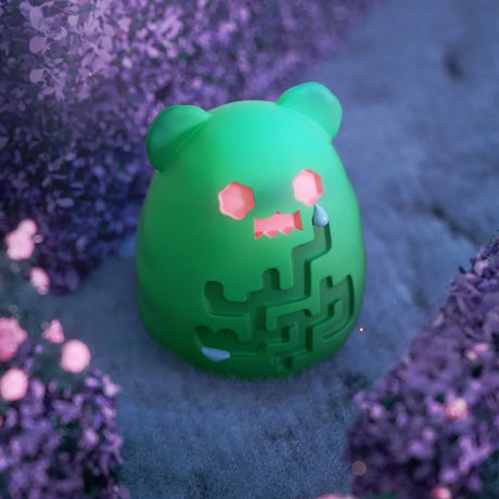 Translucent green ShinWoo Secret Bear figure with glowing pink features in misty garden surrounded by purple flowers
