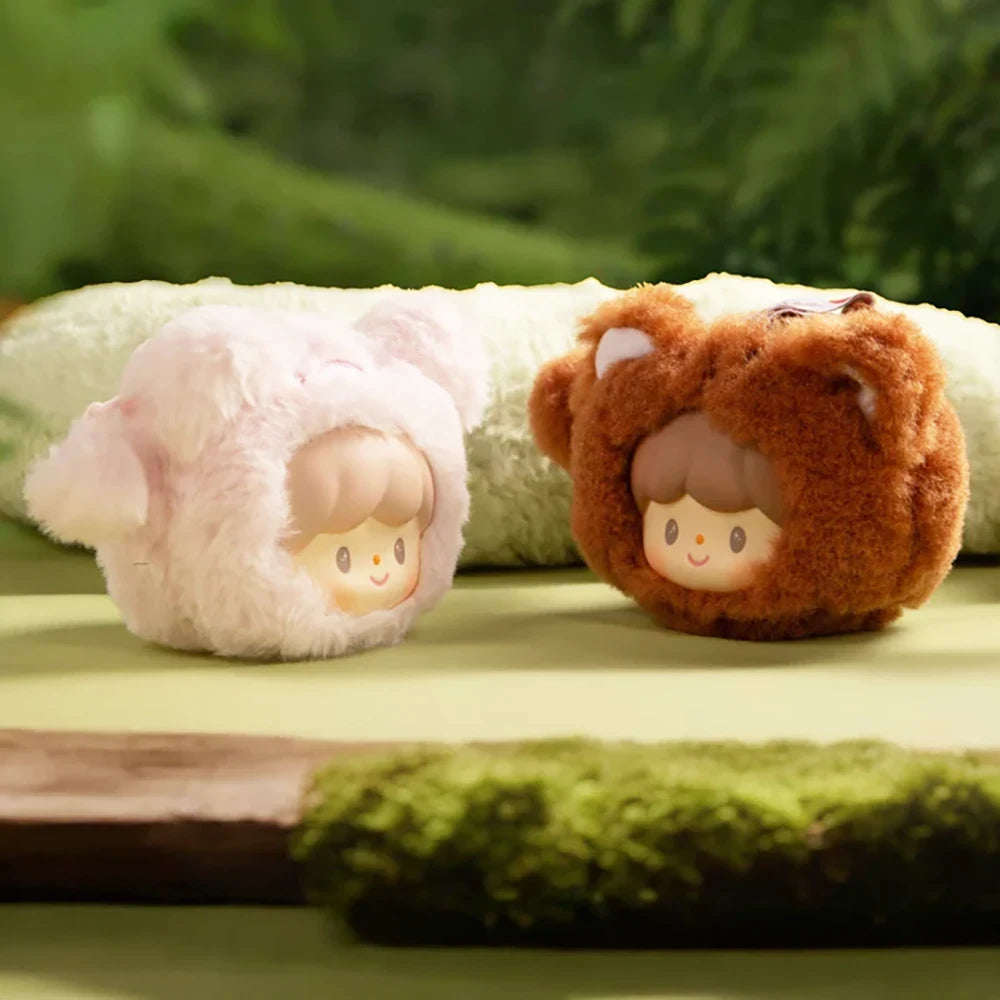 Animal plush blind box pouch: pink lamb and brown bear characters, lying side by side