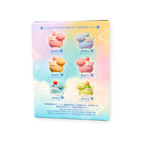 Back of Food Dinosaur Fuji Yama Vol. 2 blind box packaging showing six collectible figure styles and rarity ratios on pastel background
