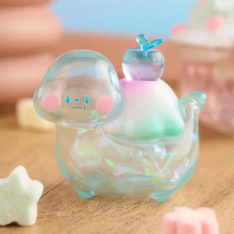 Iridescent translucent Food Dinosaur Fuji Yama Vol. 2 special blind box figure with blue apple on wooden surface close-up