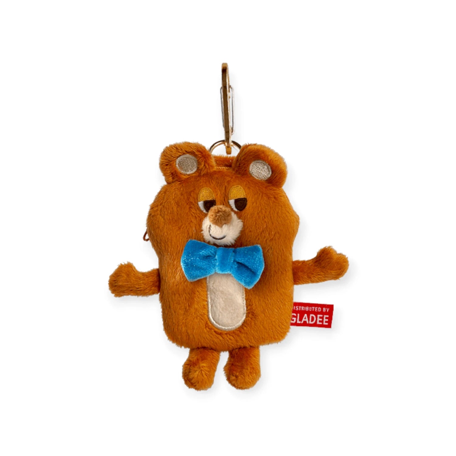 Plush orange-brown bear earbud case with blue bow tie and metal hook clip