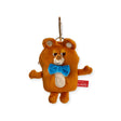 Plush orange-brown bear earbud case with blue bow tie and metal hook clip