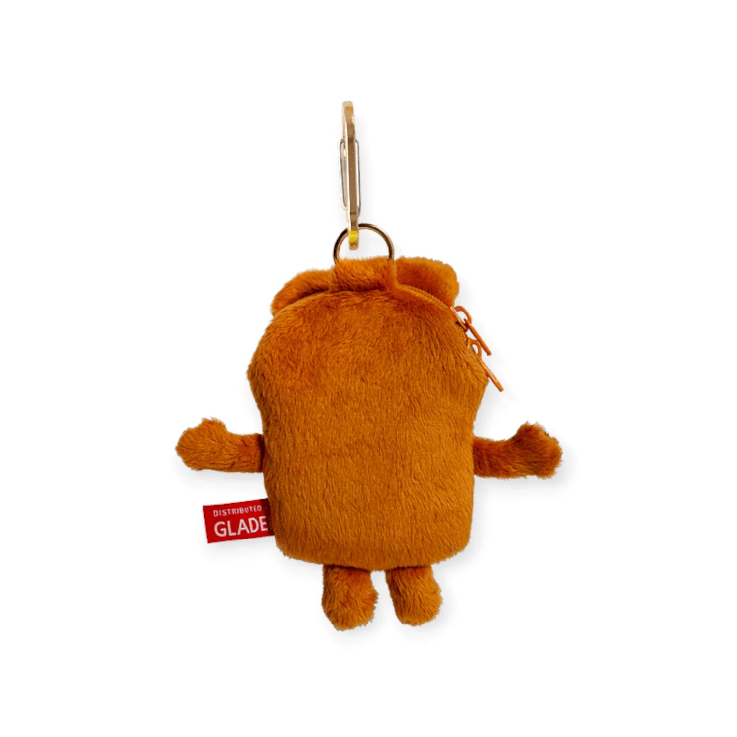 Back view plush bear earbud case with metal hook clip and small brand tag