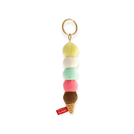 Five-scoop plush ice cream keychain with yellow, white, teal, pink, and brown scoops