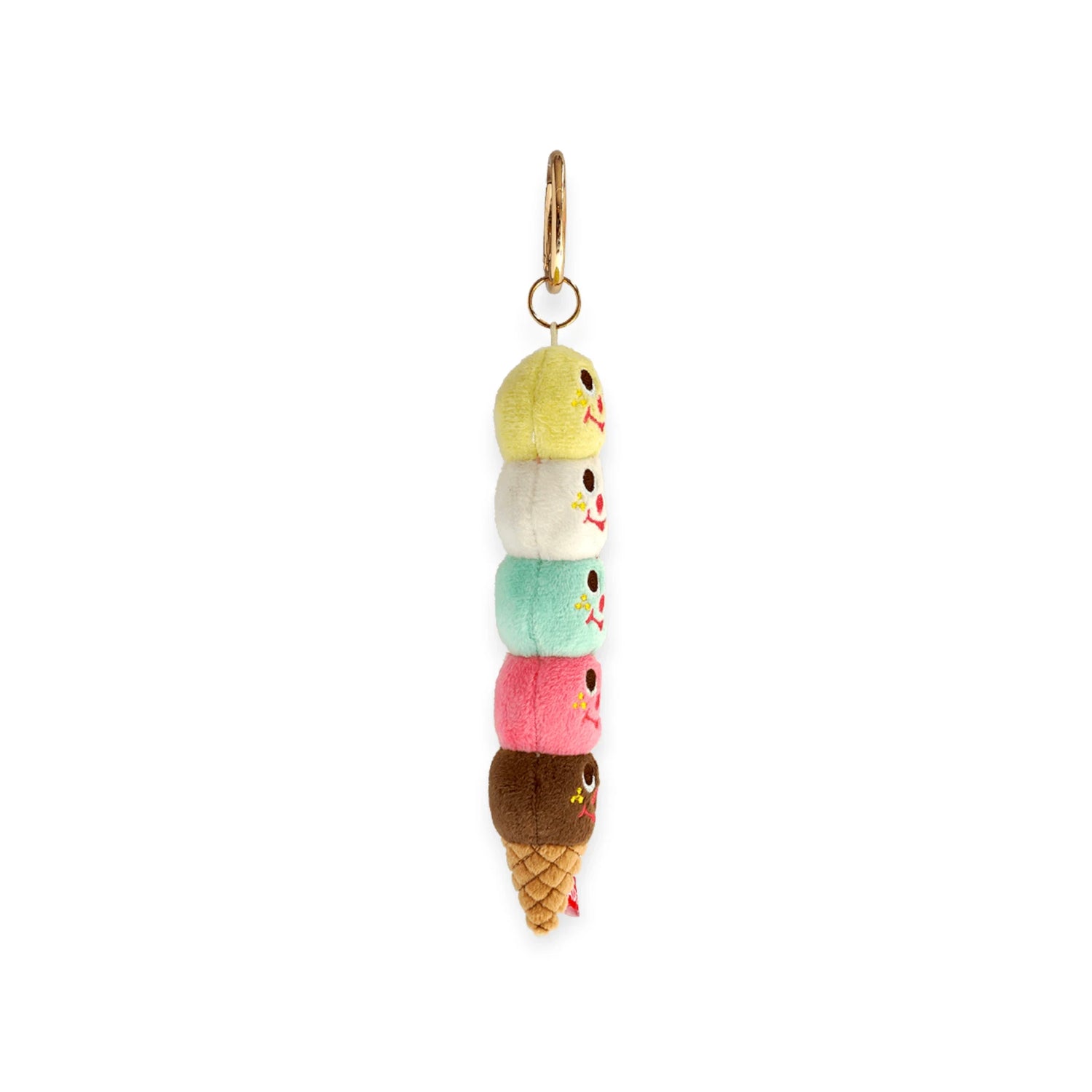 Five-scoop plush ice cream keychain with rainbow scoops and gold ring