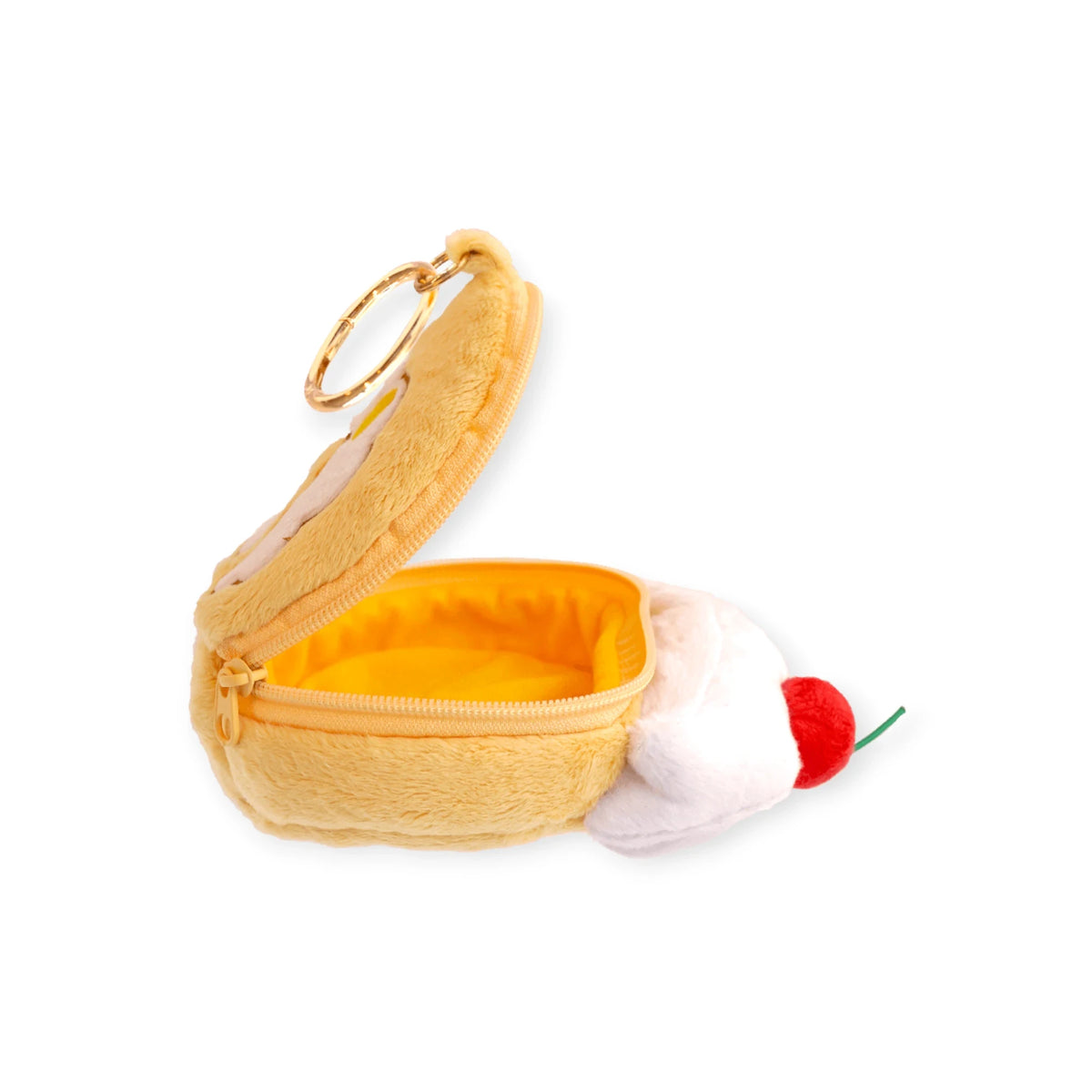 Yellow plush roll-cake pouch with zipper, open white filling, and gold keyring loop