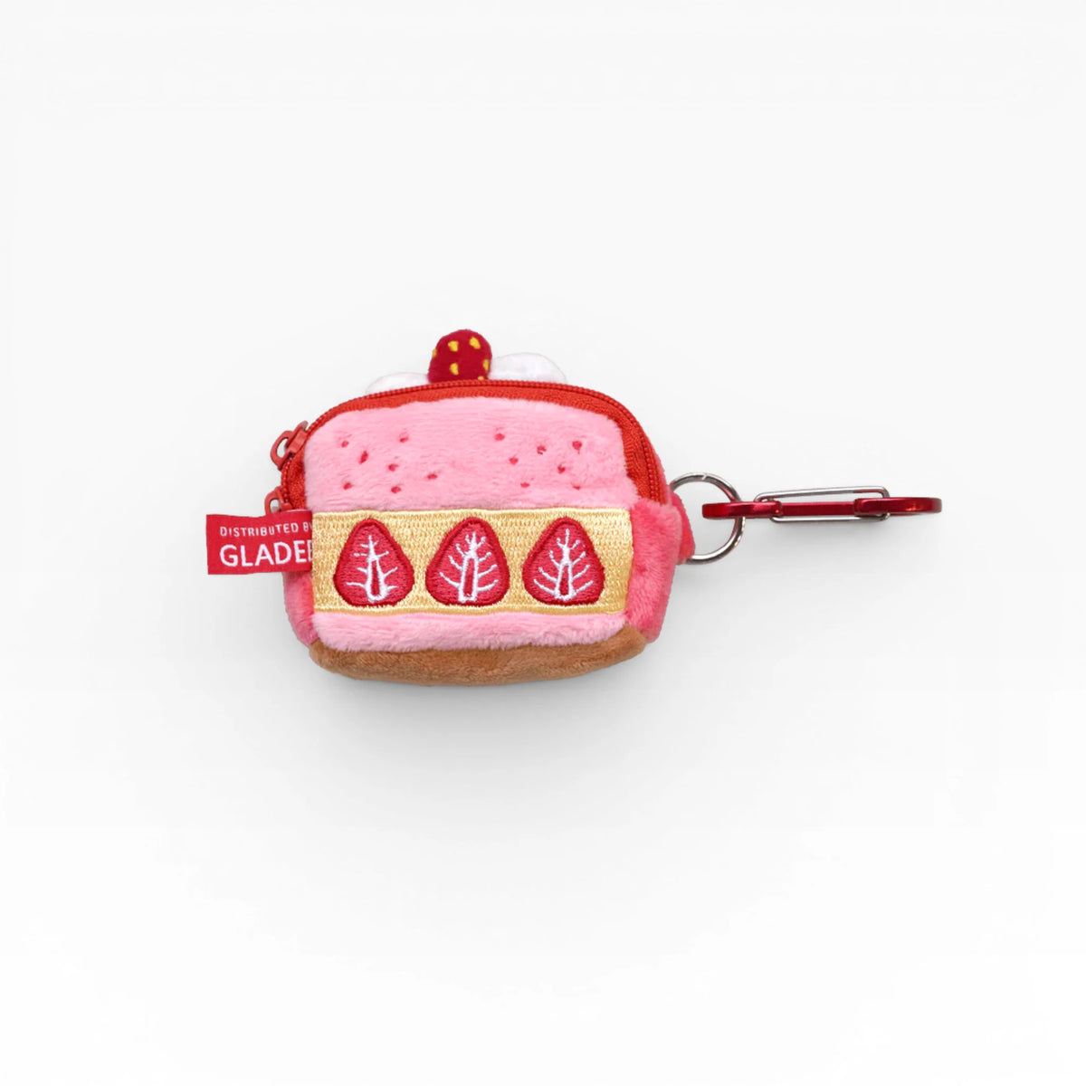 Strawberry plush AirPods case with side zipper, red metal clip and Gladee patch