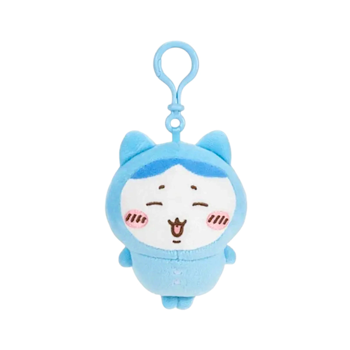 Light blue Chiikawa pyjama plush keychain with closed-eye face and hanging clip