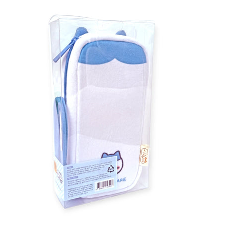 Plush zipper case with blue and white Chiikawa & Hachiware character design in transparent retail packaging
