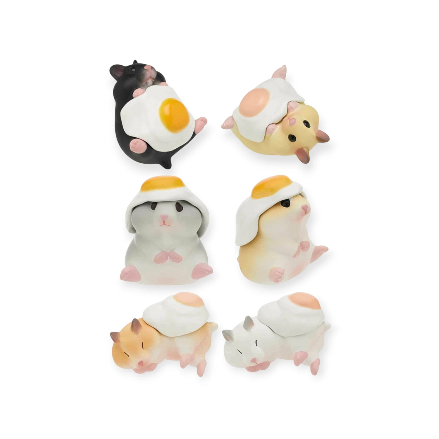 The Kitan Club Hamster ‘N Egg Blind Box mini figures, featuring six toy hamsters with fried egg hats in two columns on a white background, add unexpected charm and delight to any display.