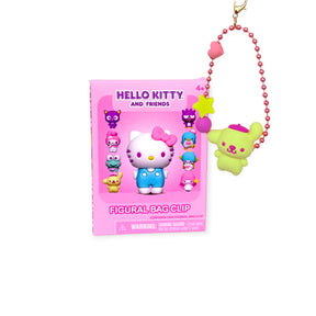 Front view of Hello Kitty and Friends Figural Bag Clip packaging with green character keychain on pink bead chain, gallery 1