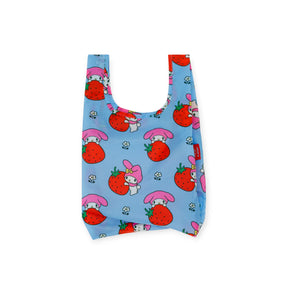 Blue Baby Baggu x Hello Kitty My Melody reusable bag with strawberry and flower pattern, front view gallery image 1