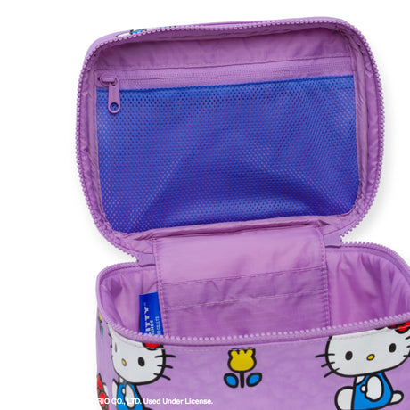 The Hello Kitty x Baggu Large Cosmetic Case by Baggu is a purple rectangular bag with a floral exterior and an inner blue mesh pocket, perfect for use as a stylish makeup or lunch bag.