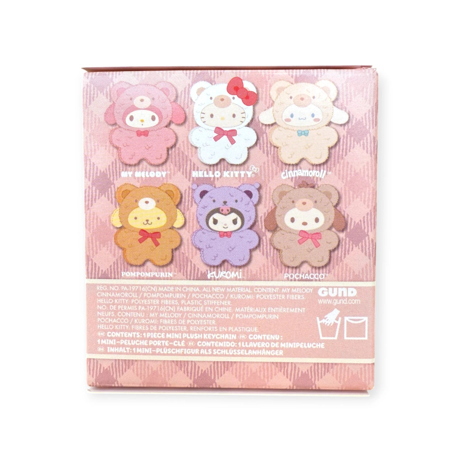 The Hello Kitty Blind Box - Cafe Plush Keychain by Hello Kitty includes six small plush toys featuring characters like My Melody, Cinnamoroll, Pompompurin, Kuromi, and Pochacco—perfect as a cute keychain set.
