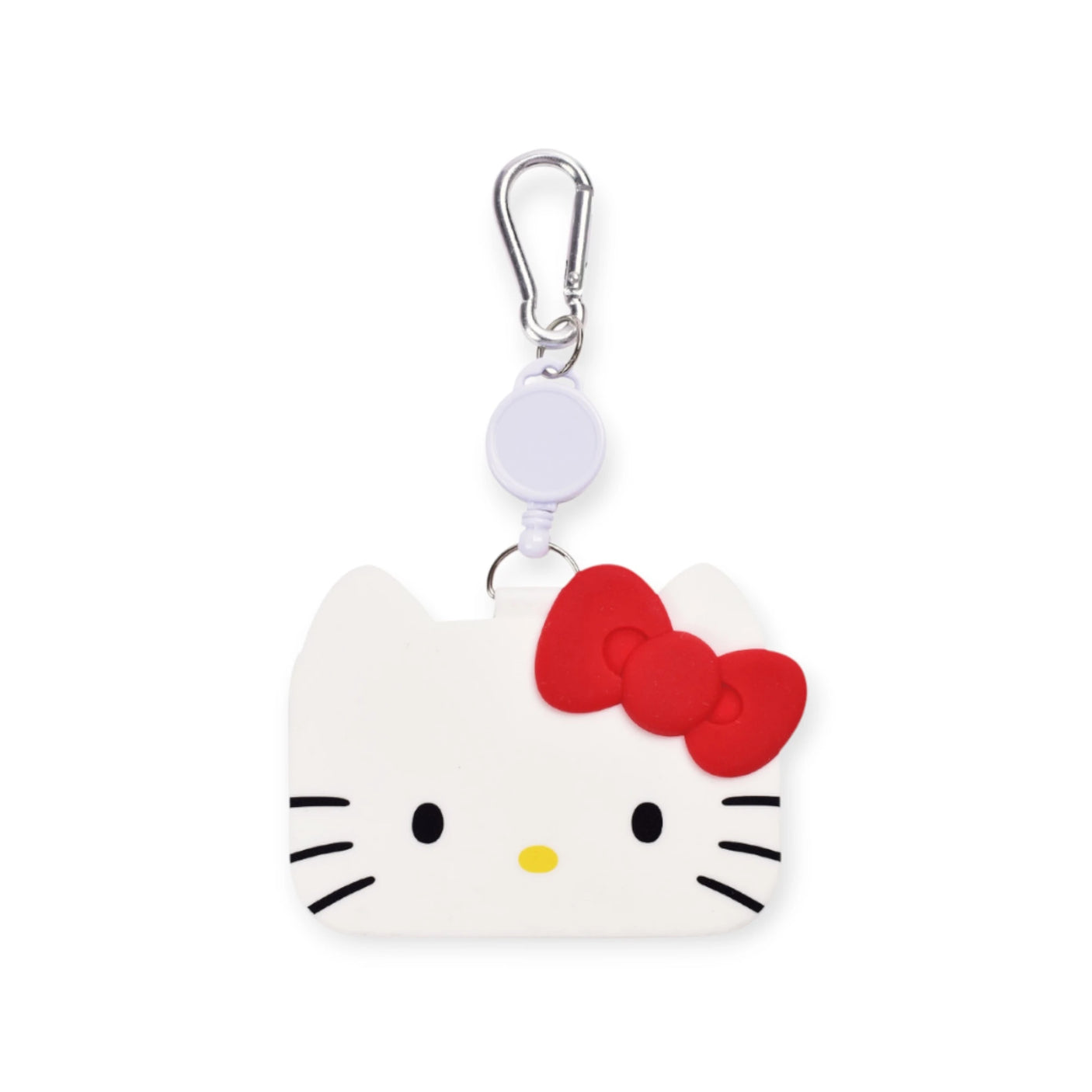 Hello Kitty Card Pass Case crafted from durable silicone, features a red bow and a silver clip.