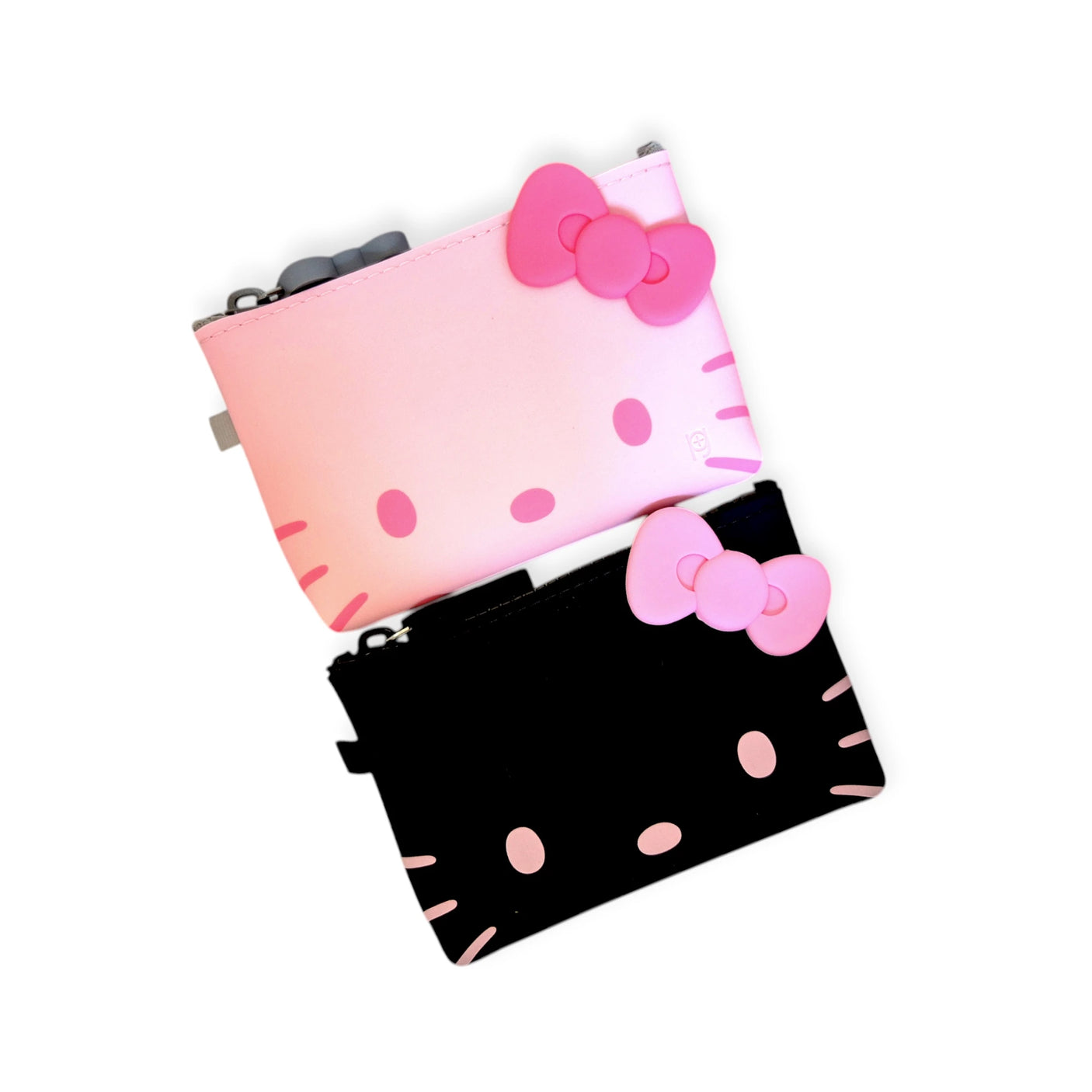 With a soft silicone finish, these Hello Kitty zip cases feature cartoon cat faces with bow accents. Available in pink and black, they provide compact convenience for your essentials.