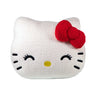 The Hello Kitty Plush Cushion from the Hello Kitty brand, featuring a white cartoon cat face with a red bow on its left ear, closed eyes, and a small yellow nose, brings adorable and soft cuddly comfort to enhance any bedroom decor with kawaii charm.