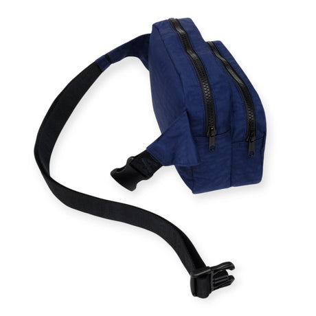 Milkshake Hello Kitty x Baggu fanny pack side view showing double zipper compartments and adjustable black strap, gallery image 1