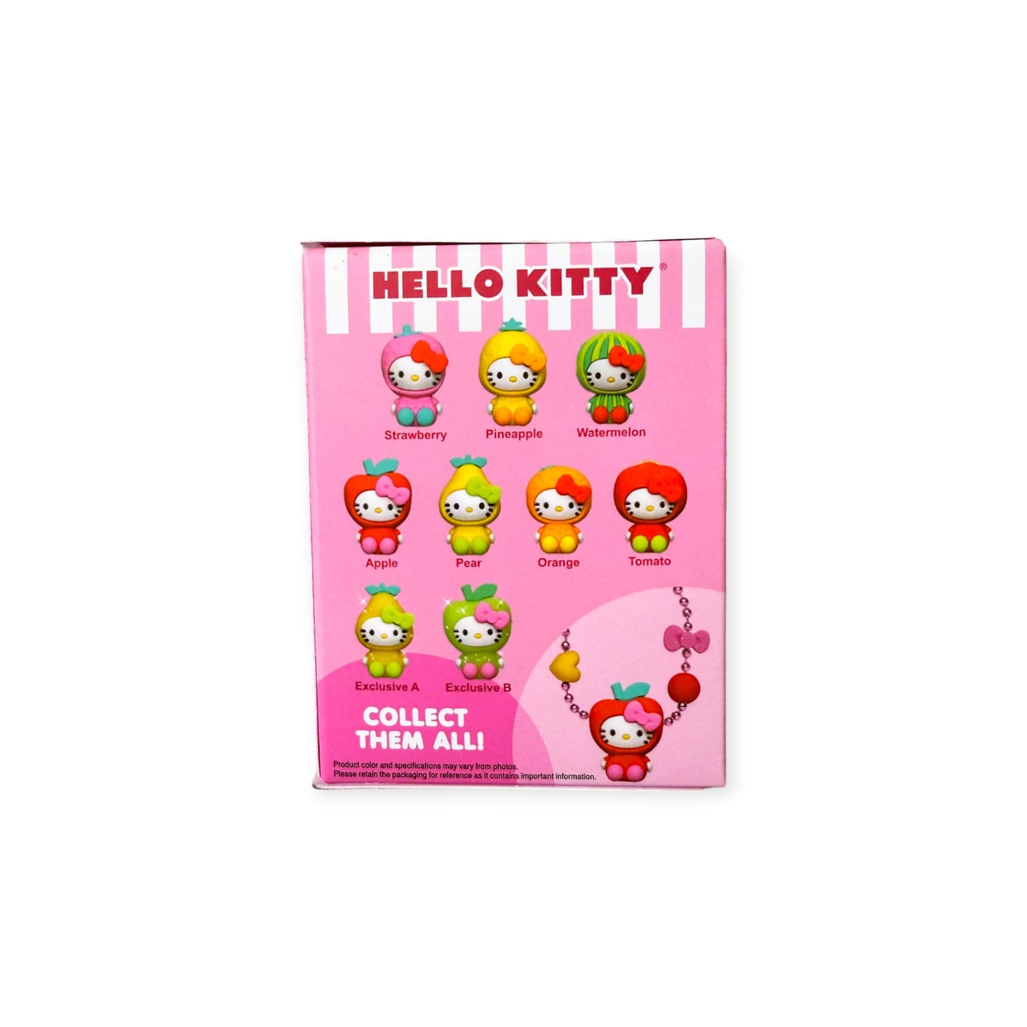 Back of a Hello Kitty Blind Box - Fruit Charm toy box by Hello Kitty shows ten figures dressed as fruits with names listed, "Collect Them All!" message, and images of Fruit Charm Hello Kitty keychains from the latest Blind Box series.
