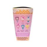 The back of the Hello Kitty & Friends - Ice Cream Blind Box features playful ice cream cone designs with beloved cartoon characters, including a delightful Hello Kitty and friends set against a waffle cone pattern background. Uncover surprises inside this charming product from the wonderful world of Sanrio.