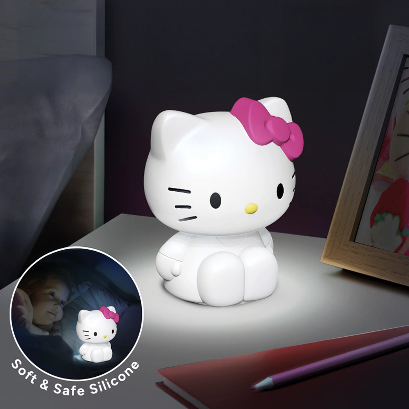 A Hello Kitty Silicone Night Light glows softly on a table, while an inset shows a child using this nighttime companion in bed. Nearby are a pencil and framed picture.