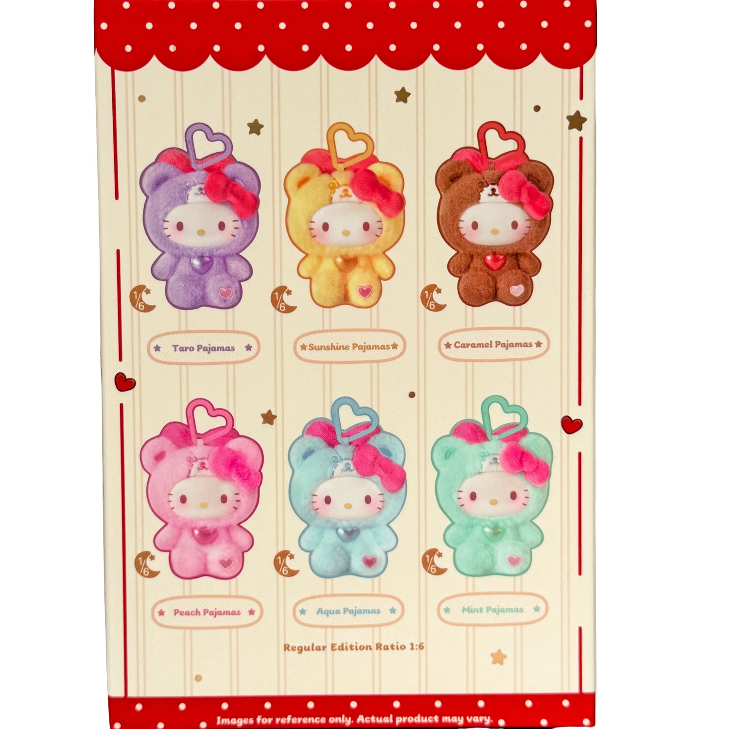 Blind box display card showing pajama plush pendants in multiple colors
