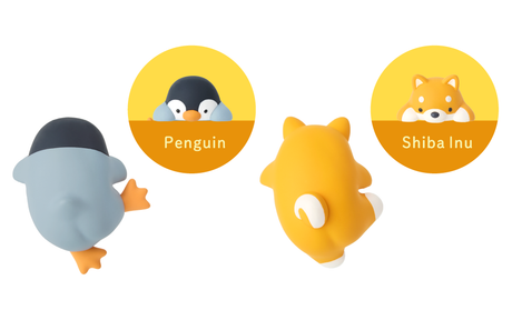 Back view of Funbarus Hippers mini figures in penguin and Shiba Inu designs with yellow name labels