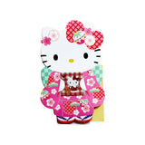 The Hello Kitty Kimono Decorative Envelope Set features a charming cartoon cat in a colorful kimono with vibrant pink, red, and green accents, elegantly holding the envelope set.