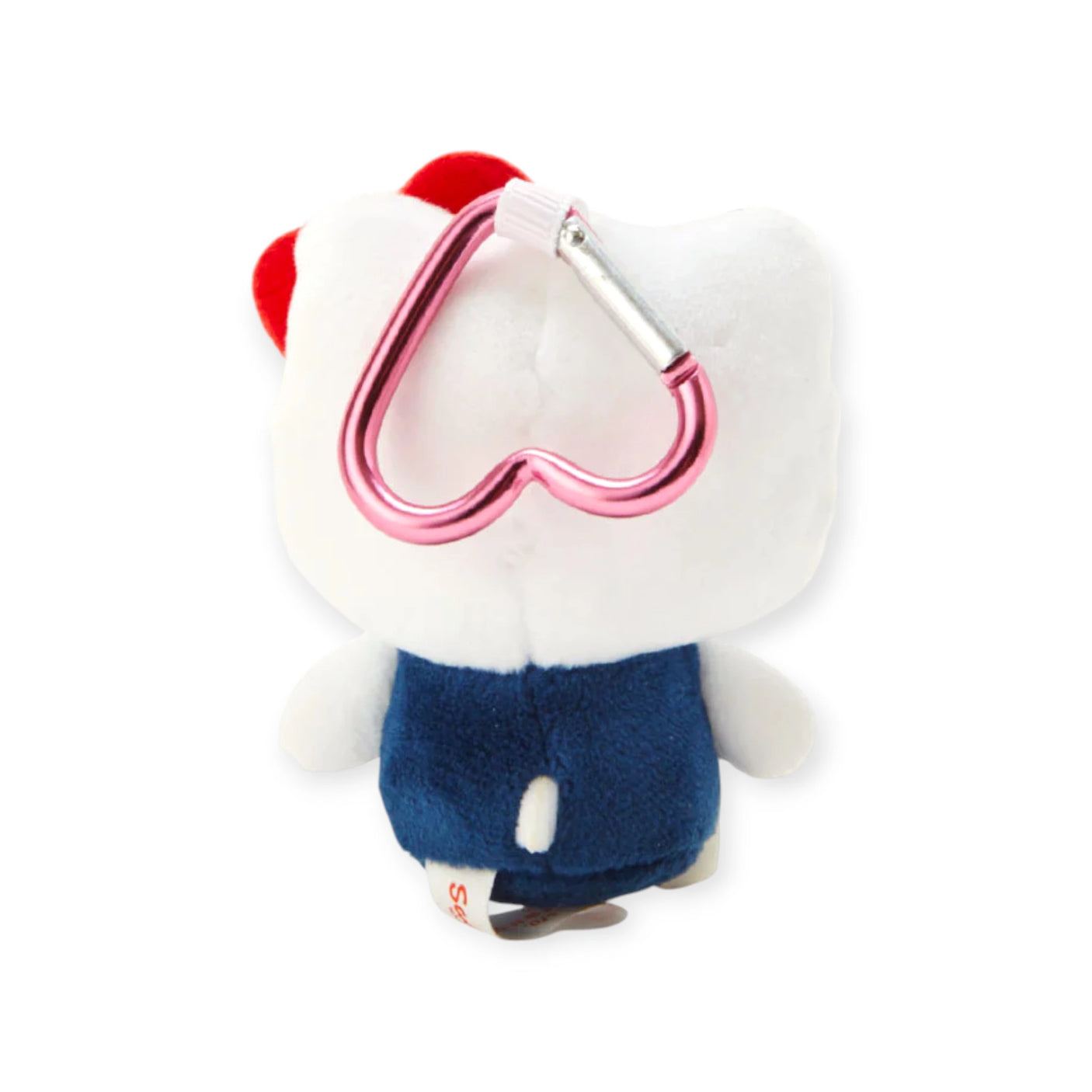 The Hello Kitty - Heart Clasp Keychain is a plush toy featuring a blue outfit, red bow, and heart-shaped pink carabiner. This adorable Sanrio collectible is perfect for fans and makes a charming addition to your collection.