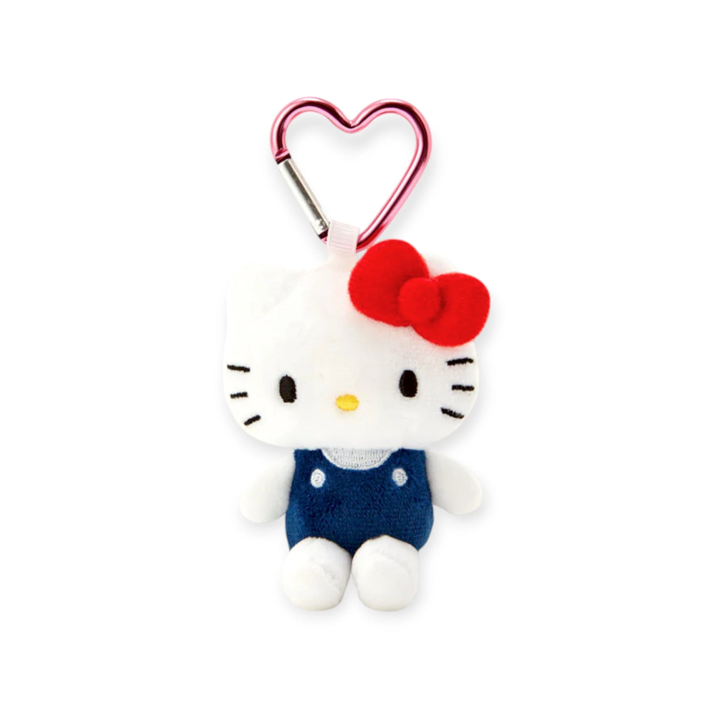 The Hello Kitty - Heart Clasp Keychain features a cute white cat with a red bow and blue overalls, making it an essential collectible for fans.