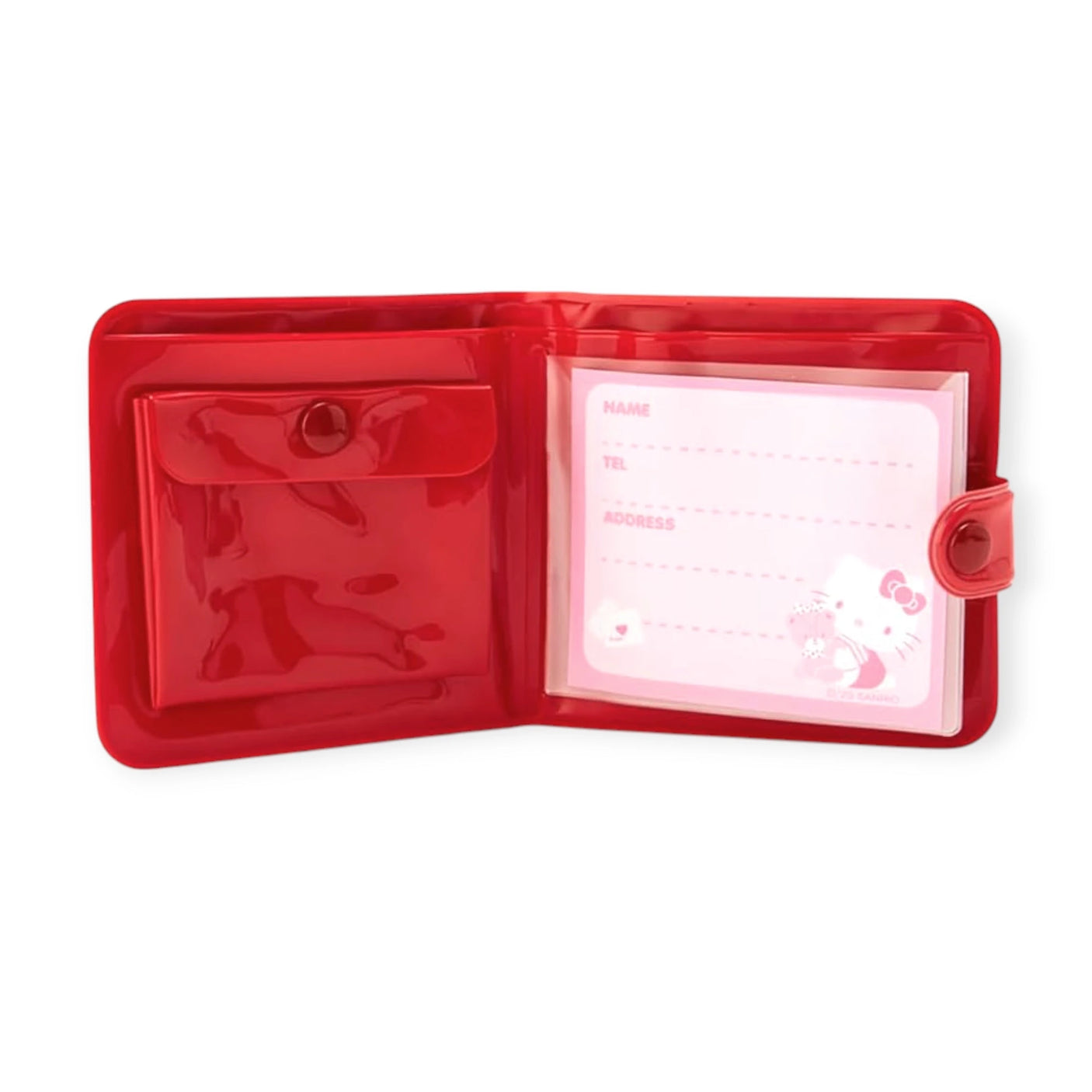 The Retro Hello Kitty Red Wallet by Hello Kitty features a red plastic organizer with a left-side snap button closure and a right-side clear pocket with a contact card displaying a charming Hello Kitty illustration, adding playful vintage charm.