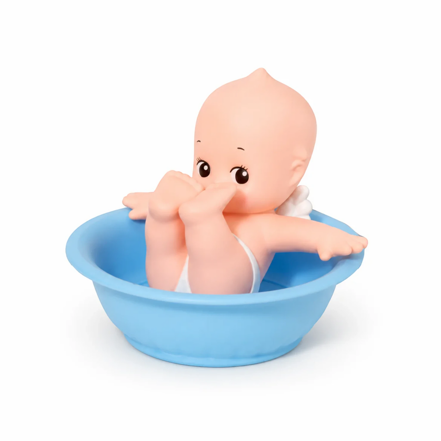 Kewpie baby figure in blue bowl, nude baby pose with arms out